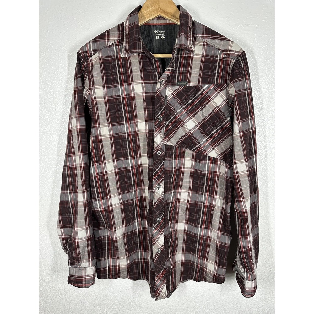 Columbia Sportswear Shirt Mens Small Red Gray Plaid Long Sleeve Button Front